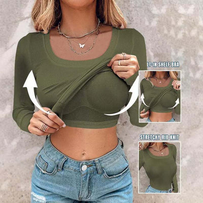 Damen Crop Top Langarm BH Einlage Stretch