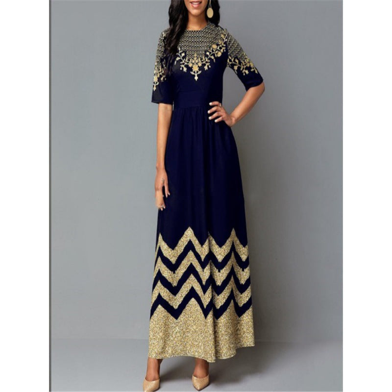 Damen Maxikleid Elegant Gold Muster Sommerkleid