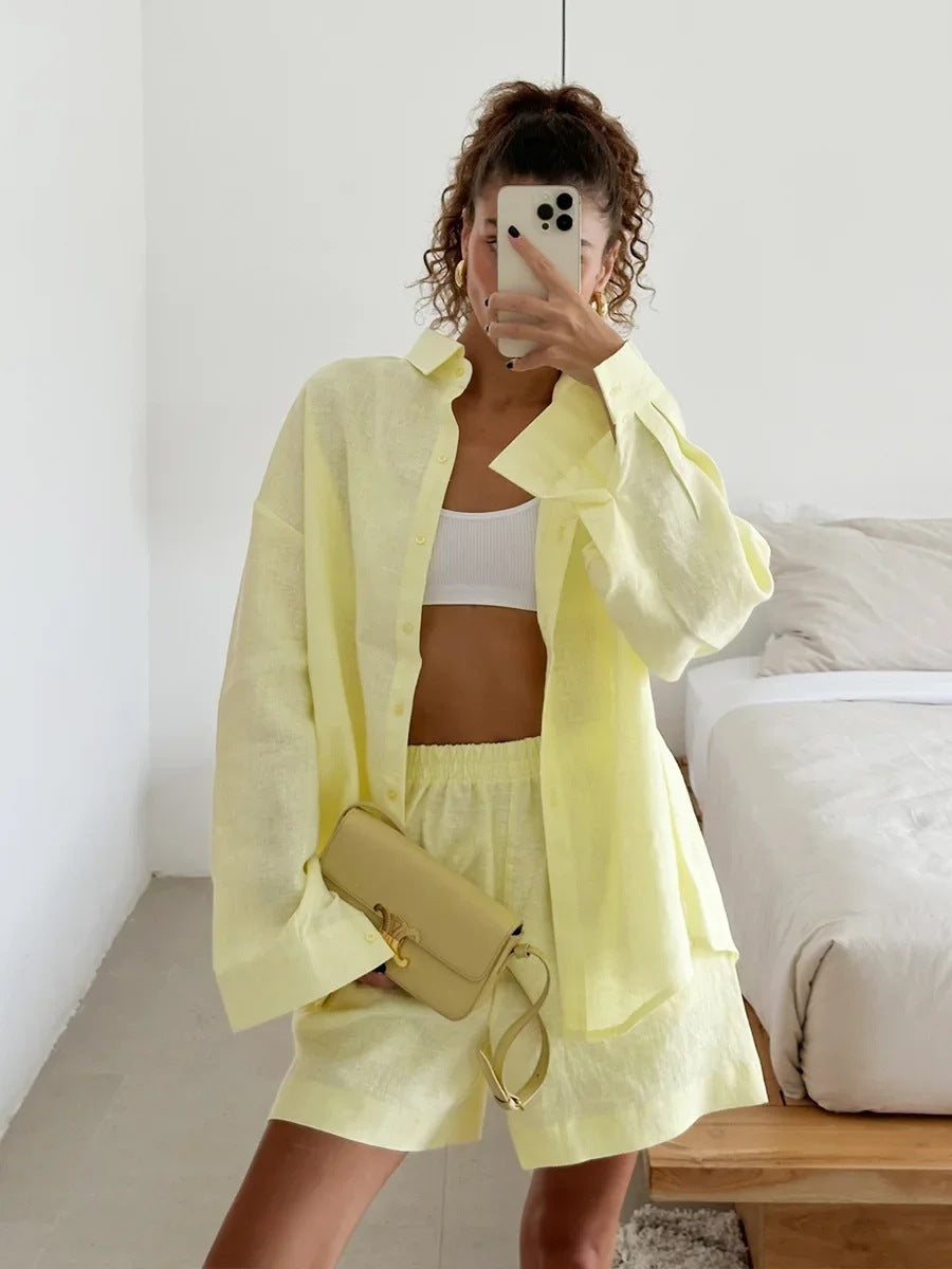 Damen Leinen Outfit Sommer Set