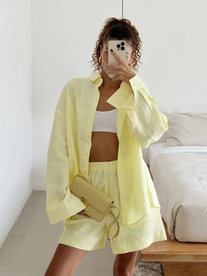 Damen Leinen Outfit Sommer Set