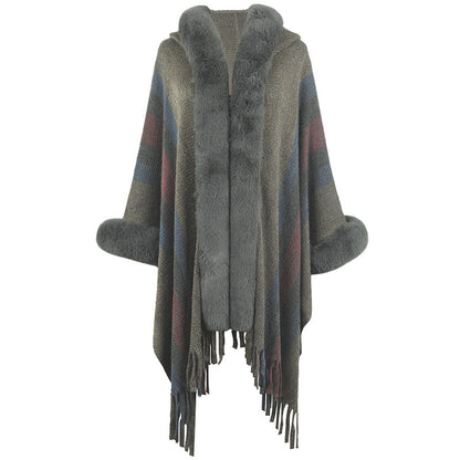 Damen Poncho Lang Luxus Faux-Fell Kragen