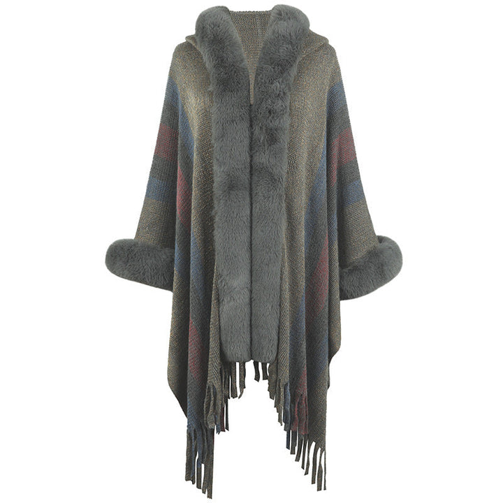 Damen Poncho Lang Luxus Faux-Fell Kragen