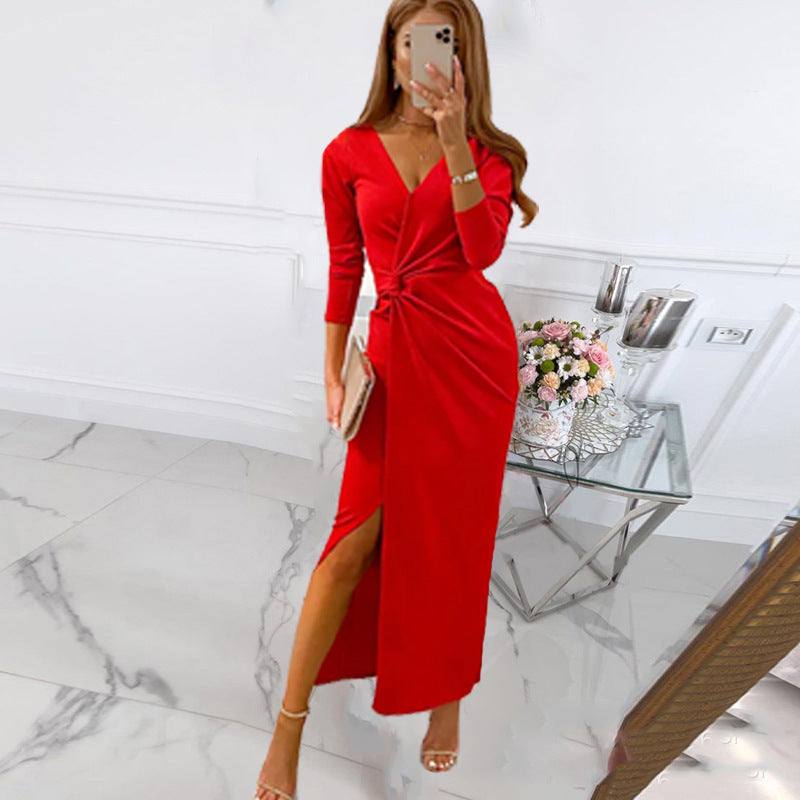 Damen Wickelkleid Elegant V-Ausschnitt Hochgeschlitzt