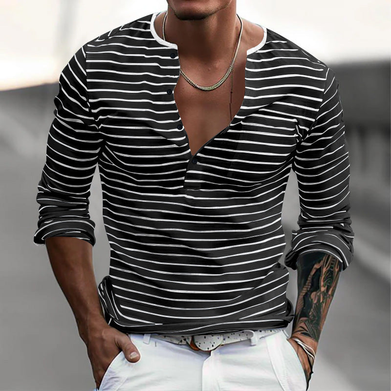 Herren Langarmshirt Streifenmuster Modern Knopfverschluss