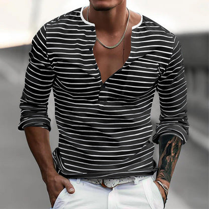 Herren Langarmshirt Streifenmuster Modern Knopfverschluss