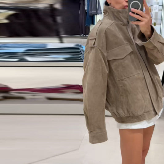 Damen Lederjacke Oversize Casual Style - IdealeKleiden