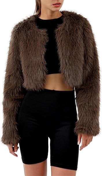 Damen Kurzjacke Flauschig Offener Schnitt Chic