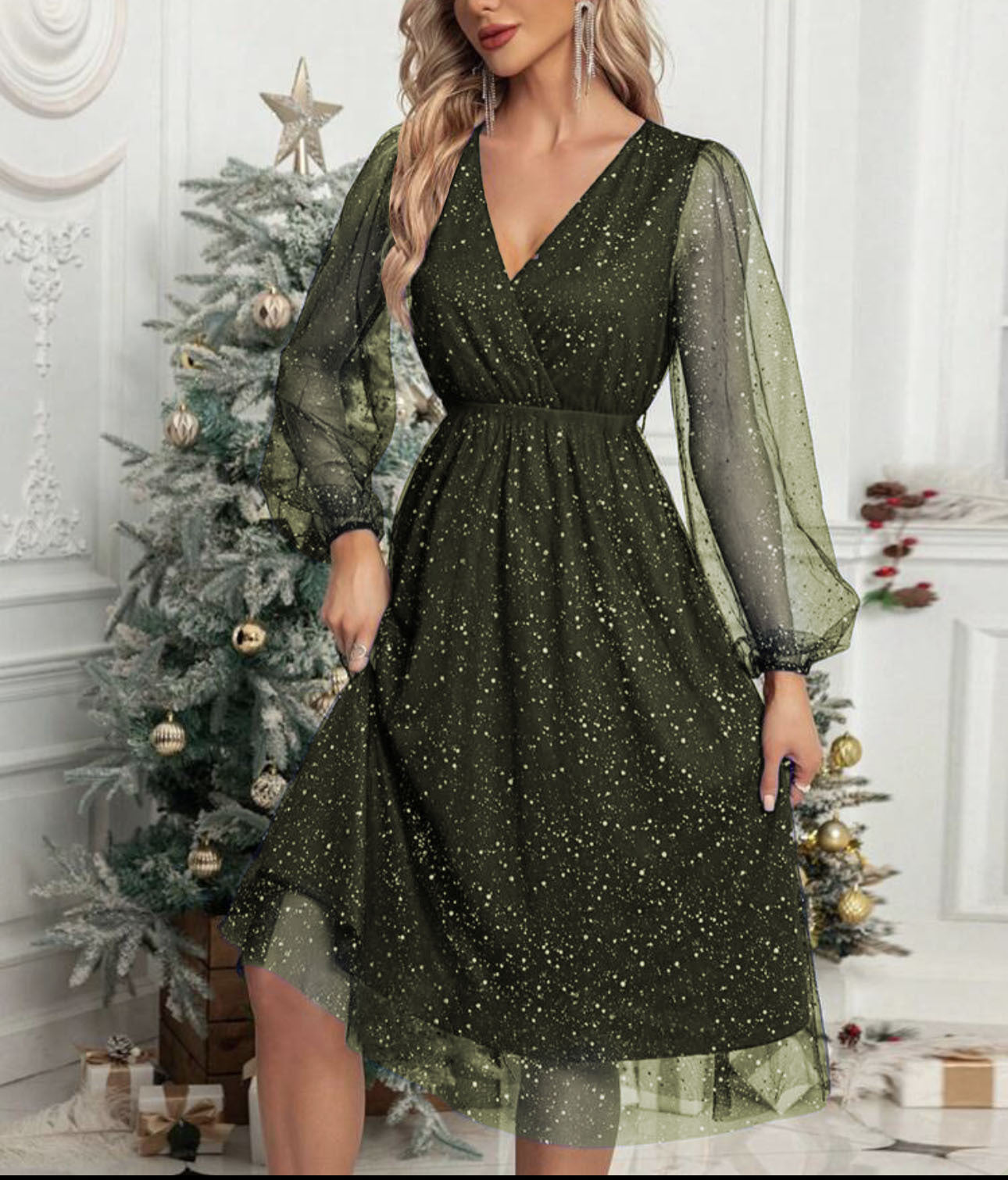 Damen Partykleid Glitter Puffärmel Abendkleid Elegant