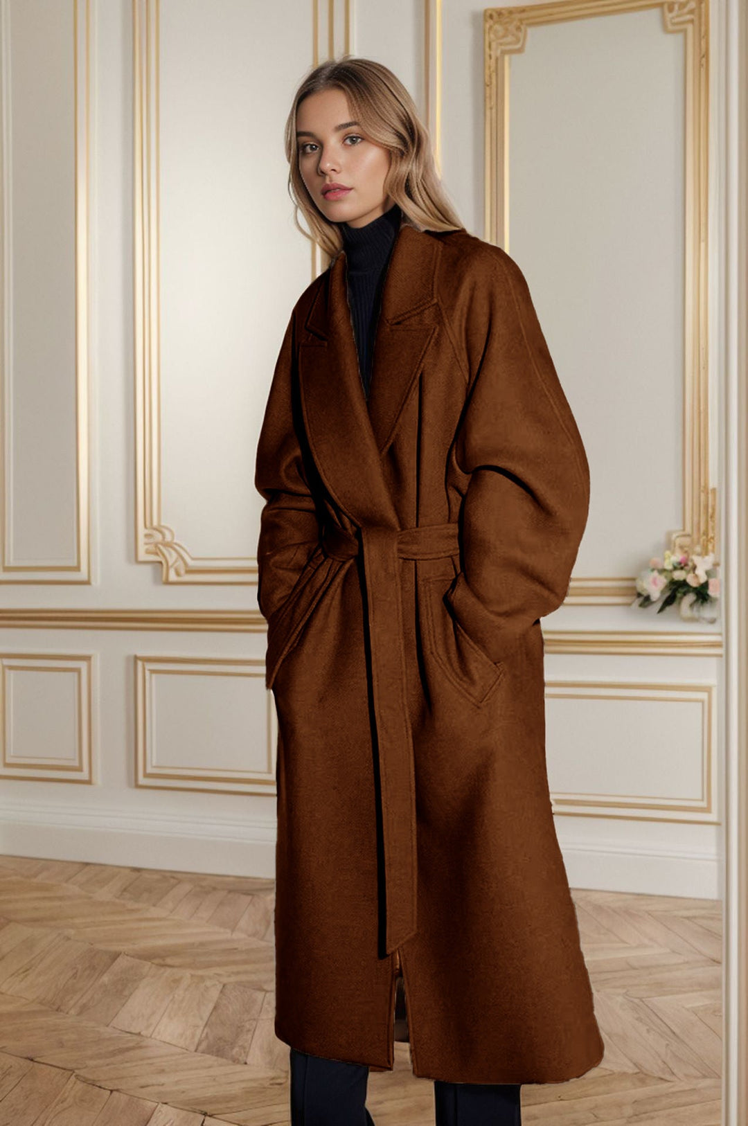 Damen Wollmantel Elegant Weit Ärmel Gürtel
