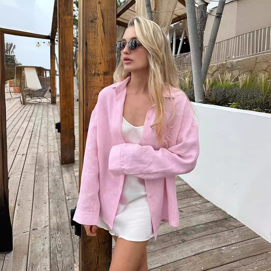 Damen Leinenhemd Lässig Oversized Sommerkleidung - IdealeKleiden