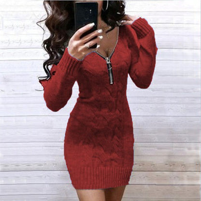 Damen Strickkleid mit Reißverschluss und Zopfmuster