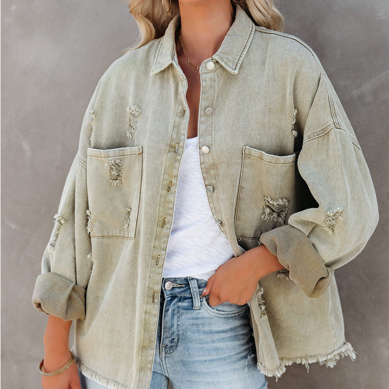 Damen Oversized Jeans-Bluse mit Fransen Trendy Style