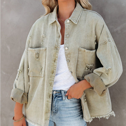 Damen Oversized Jeans-Bluse mit Fransen Trendy Style