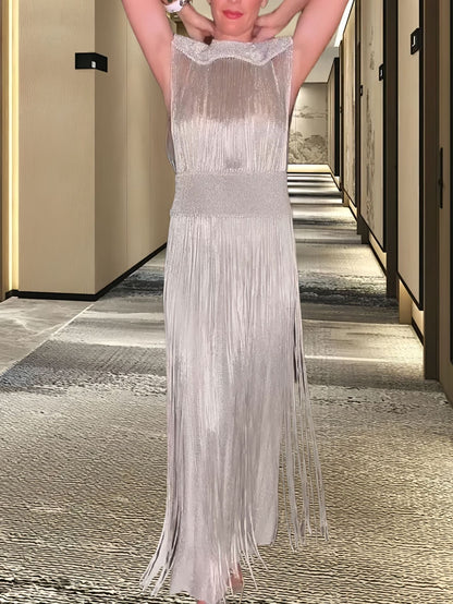 Damen Maxikleid Elegantes Design mit Falten und Fransen