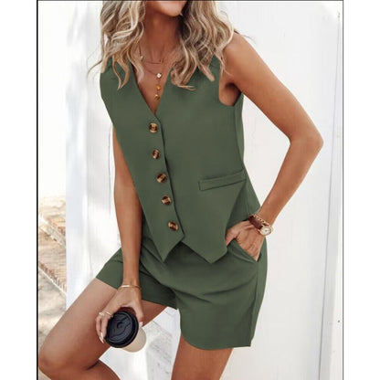 Damen Chic Weste Hosen Set mit Knöpfen
