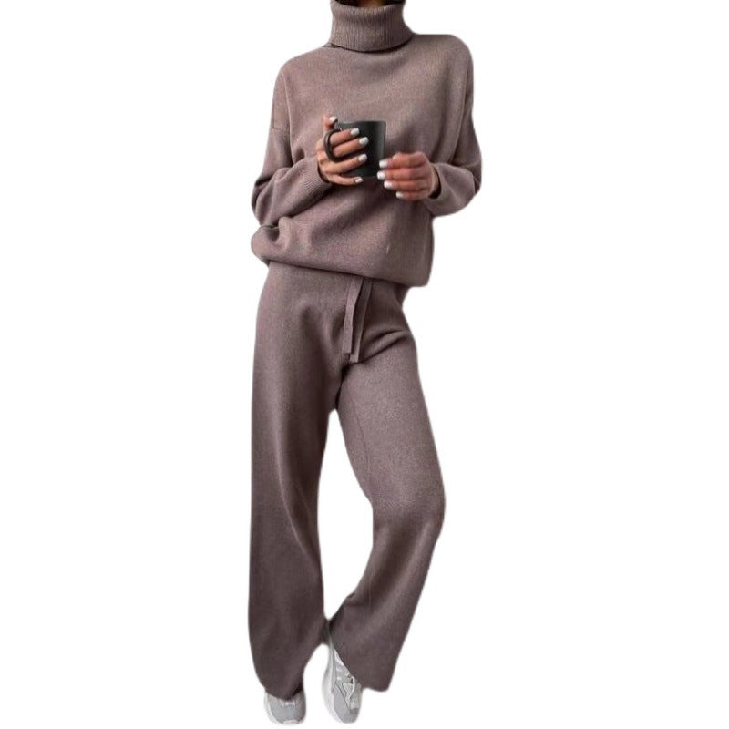Damen Strickanzug Elegant Hochkragen Weite Beine