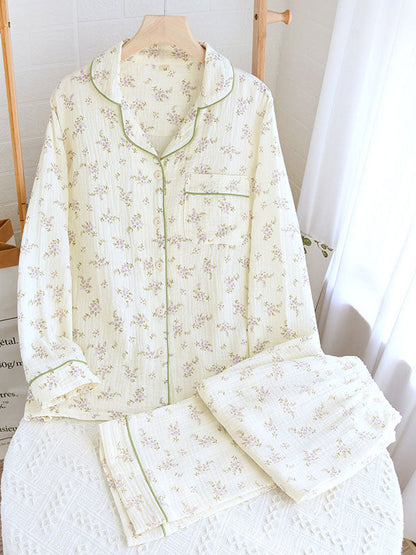 Damen Pyjama Set Blumenmuster Knopfhemd