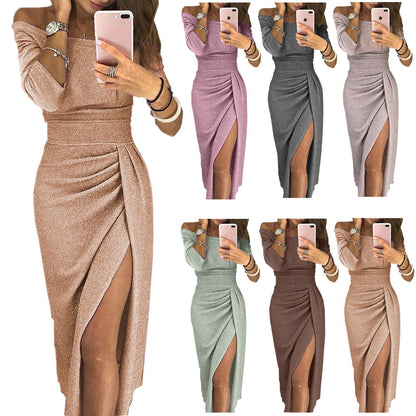 Damen Partykleid Off Shoulder Glitzer Stoff - IdealeKleiden