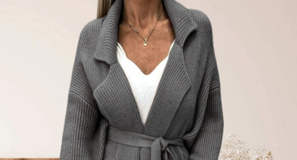 Damen Strickmantel Elegant Gürtel Breite Revers