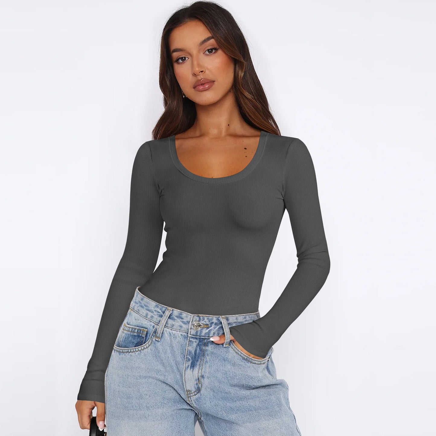 Damen Langarmtop Feinripp Rundhals Elegant
