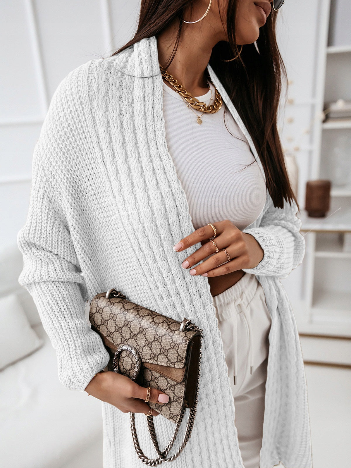 Langarm Strickjacke Wollig Locker Geschnürt
