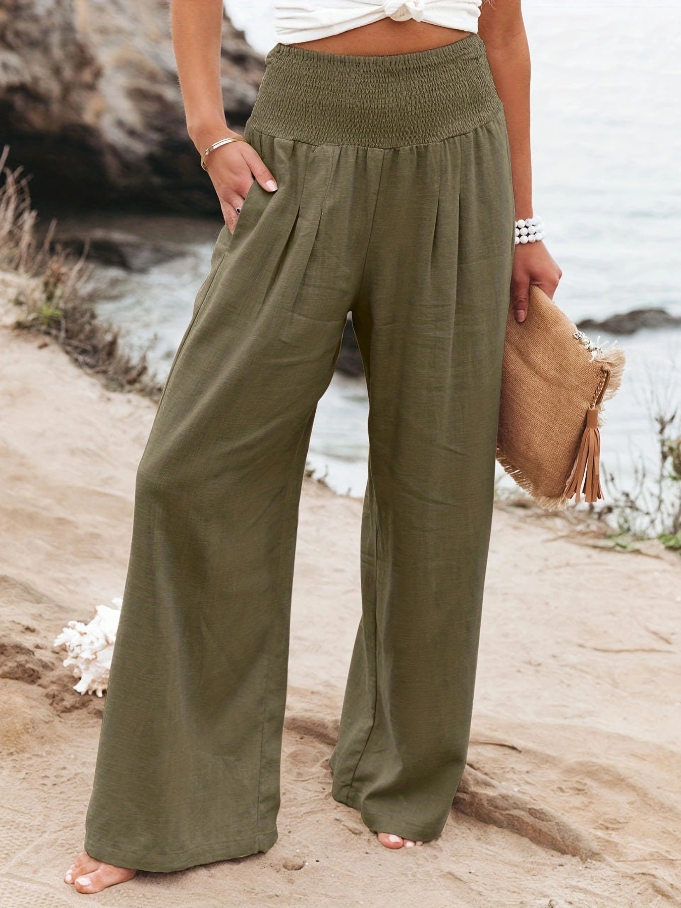Damen Leinenhose Weit Bequem Faltenrock Effekt