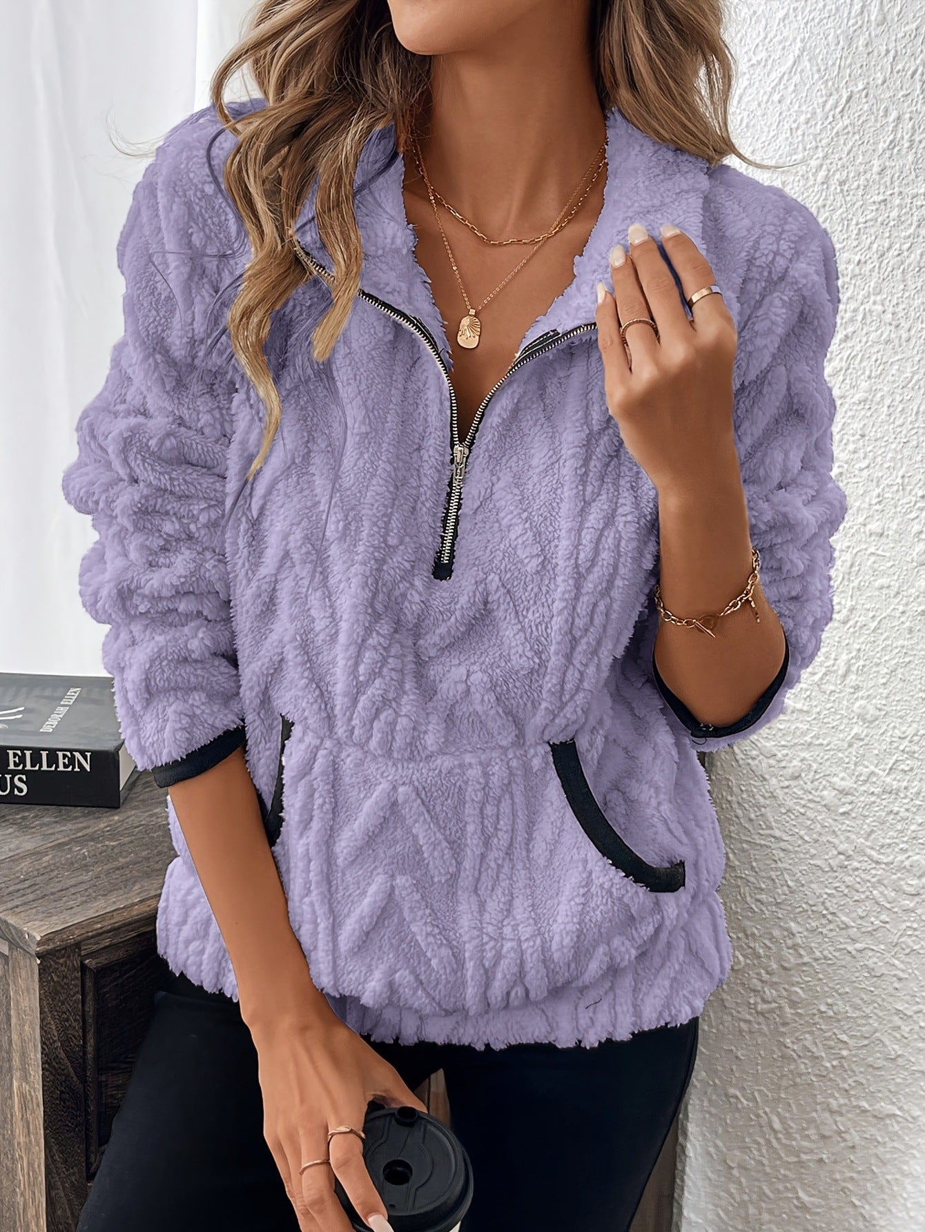 Damen Fleece Pullover Weich Reißverschluss Taschen