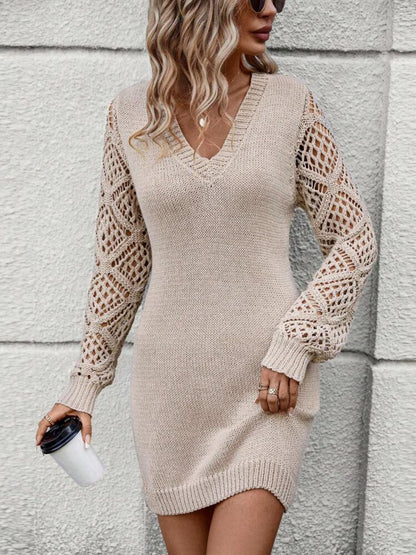 Damen Strickkleid V-Ausschnitt Sommerkleid
