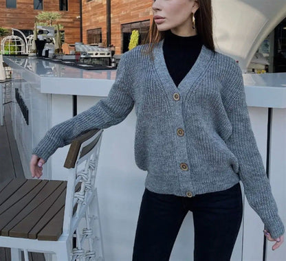 Damen Cardigan Grobstrick Modern Knöpfe