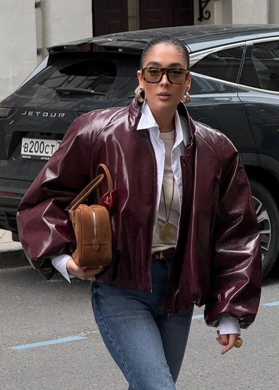 Große Glänzende Lederjacke Damen