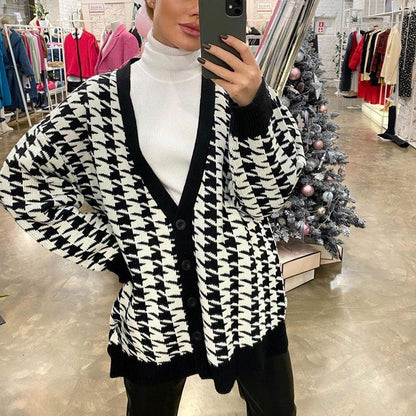 Damen Strickjacke Karo Muster Trendy V-Ausschnitt