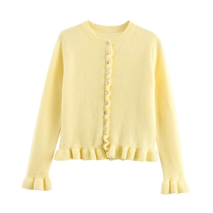 Damen Strickjacke Elegant Rüschensaum Knopfverschluss