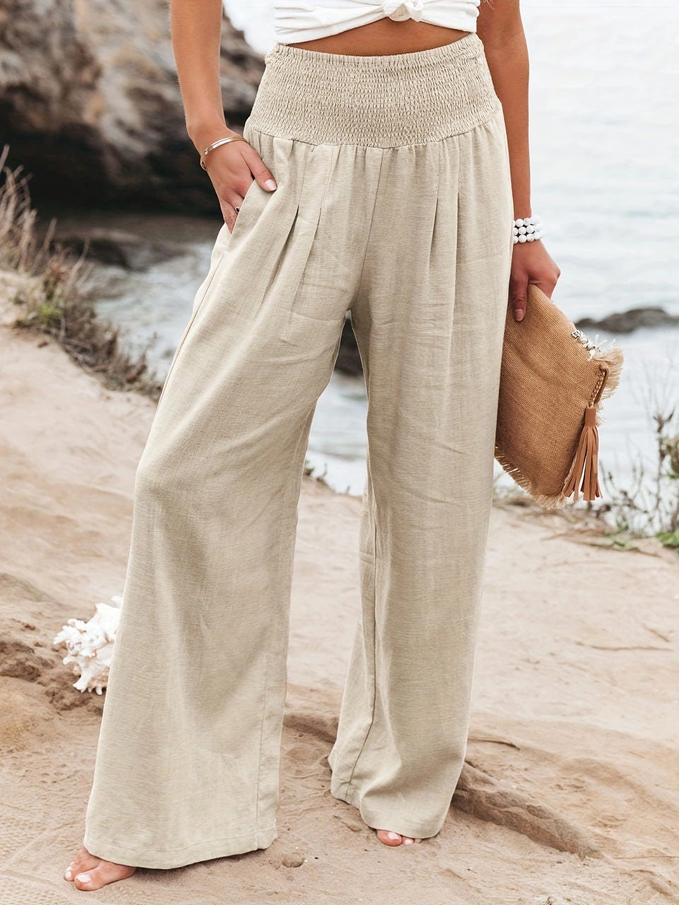 Damen Leinenhose Weit Bequem Faltenrock Effekt