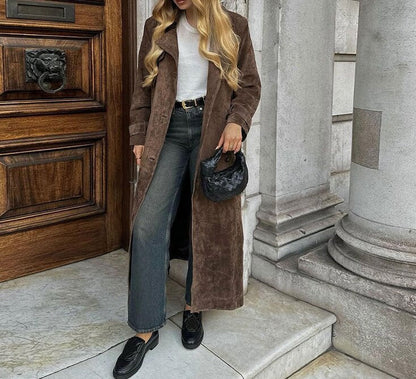 Damen Wildledermantel Lang Elegant Schnitt