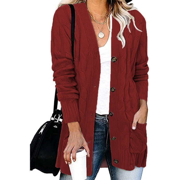 Damen Cardigan Grobstrick mit Knöpfen und Taschen