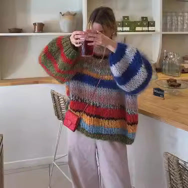 Damen Pullover Weich Bunt Streifenmuster Oversized - IdealeKleiden