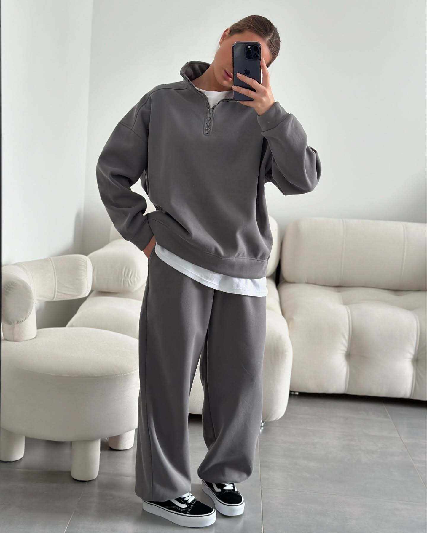 Damen Fleece Jogginganzug Stehkragen Reißverschluss