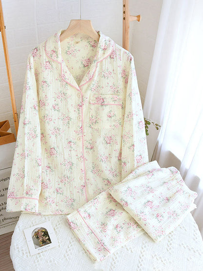 Damen Pyjama Set Blumenmuster Knopfhemd - IdealeKleiden