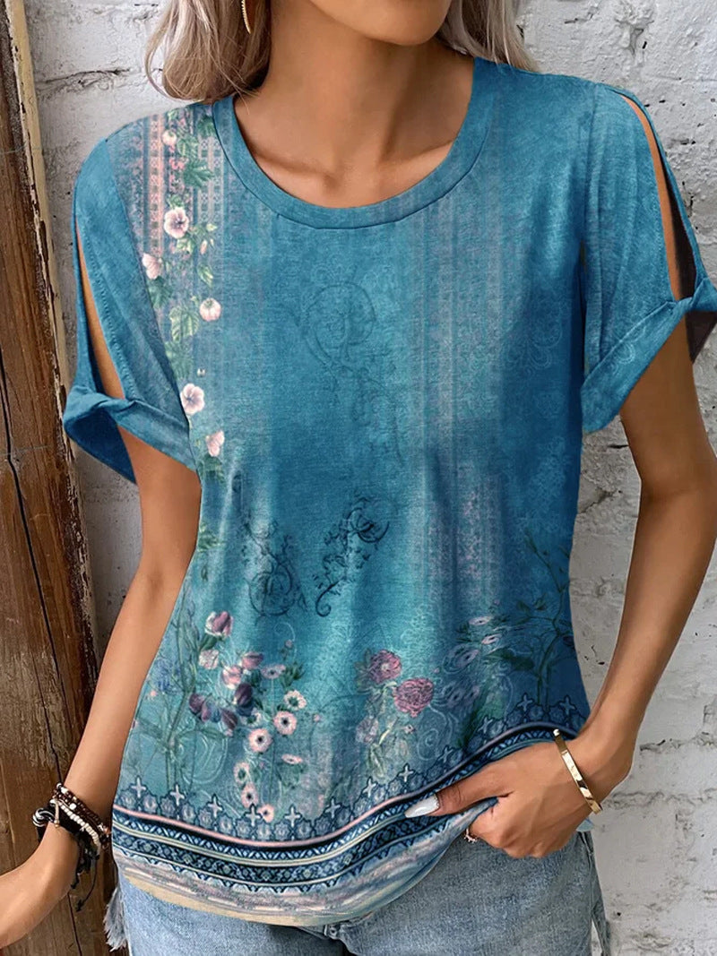 Frauen T-Shirt Blumenmuster Offene Ärmel Sommerstyle