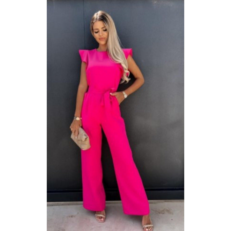Damen Jumpsuit Elegant Weitbeinig Rüschen Ärmel