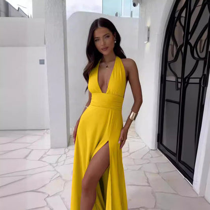Damen Maxikleid Elegant V-Ausschnitt und Hochschlitz