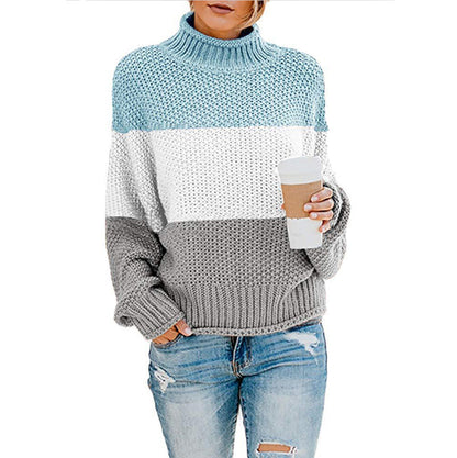 Damen Pullover Grobstrick Hochkragen Modern Farbblock