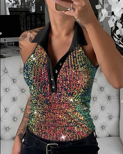 Damen Poloshirt Glamour Leopardenmuster Glitzer Effekt