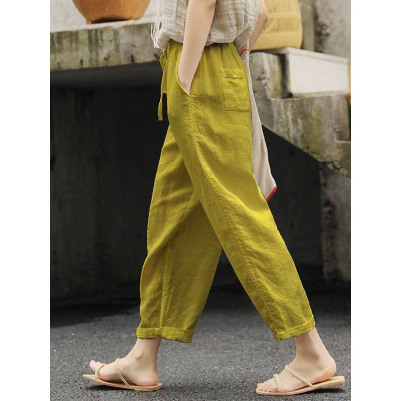 Damen Leinenhose Bequem Elastisch mit Taschen