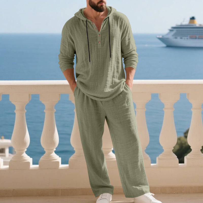Herren Leinen Hoodie Set Bequem Mit Taschen