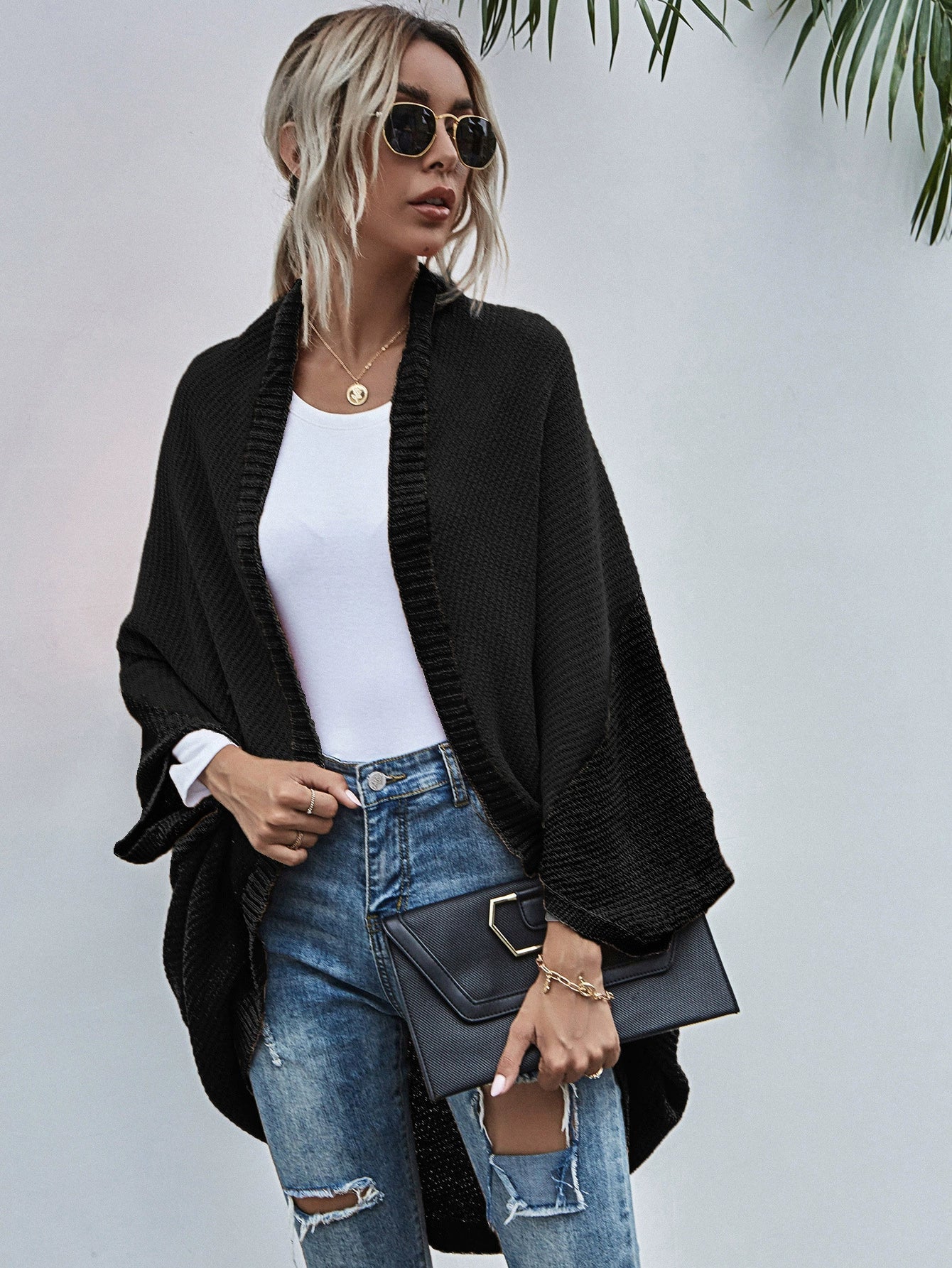 Weite Strickjacke Damen Oversized Wolle Fledermausärmel