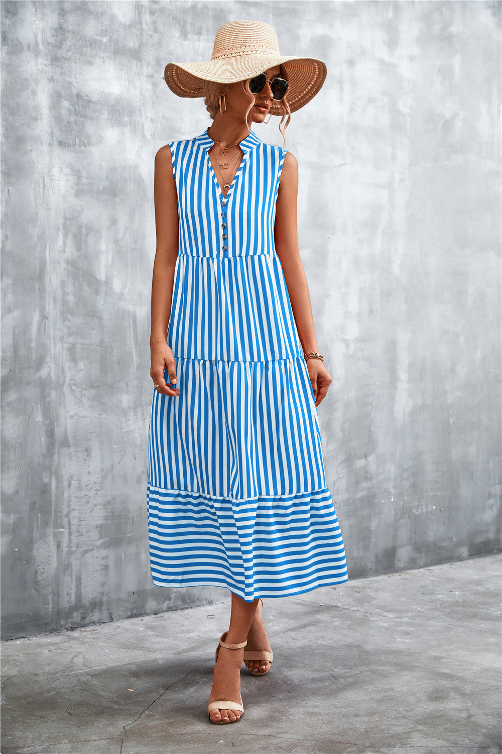 Damen Maxikleid Streifenmuster Elegant Knopfverschluss