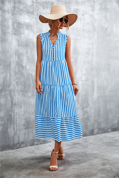 Damen Maxikleid Streifenmuster Elegant Knopfverschluss