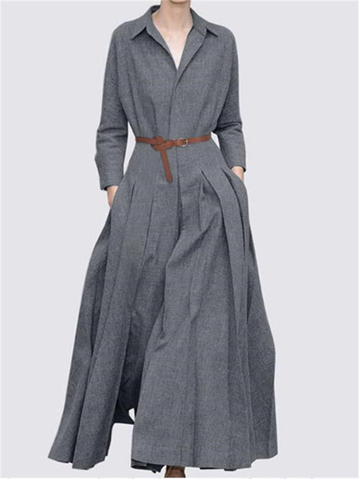 Damen Maxikleid Elegant Falten Gürtel