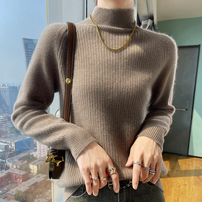 Damen Pullover Langarm Feine Rippstruktur Hochkragen